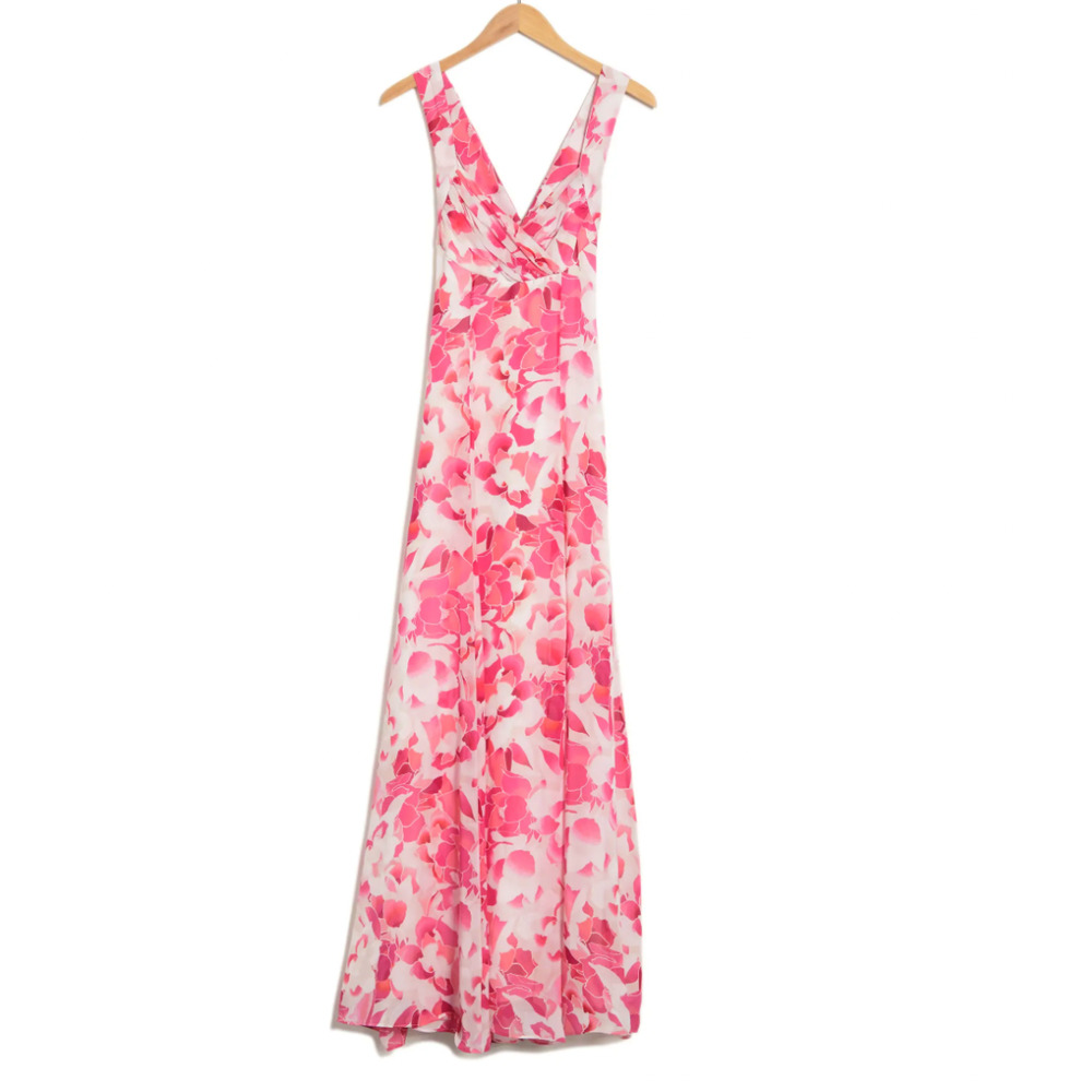 $248 CALVIN KLEIN Floral Print Chiffon Gown Maxi Dress | Sz 10 | Pink White